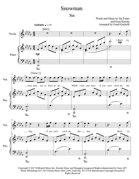 Sia – Snowman (Piano & Vocal) – Littlesheetmusic