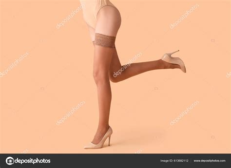 Woman Nude Stockings Heels Beige Background Stock Photo Serezniy 613682112