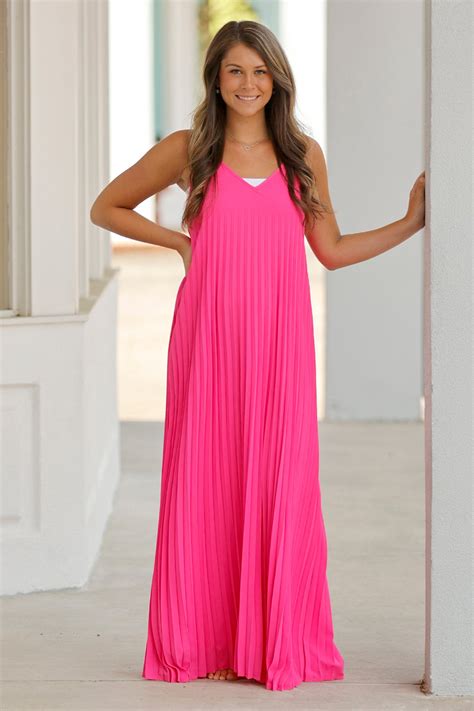 Hot Pink Pleated Maxi Dress Three Sisters Boutique