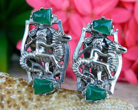 Vintage Poseidon Neptune Riding Seahorse Green Stones Clip On Earrings