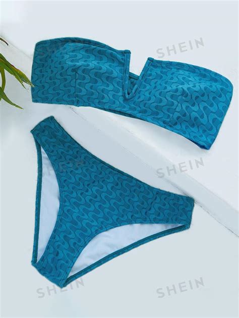 SHEIN Swim Traje de baño de piezas con sujetador tipo bandeau y parte inferior de bikini con