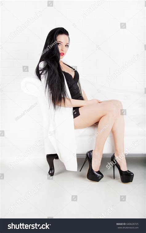 Brunette Sexy Woman Sitting On White Stock Photo Edit Now 640628725