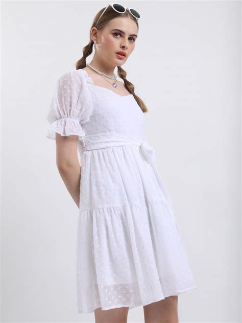 Buy Ketch Bright White Self Design Fit Flare Dress For Women Online