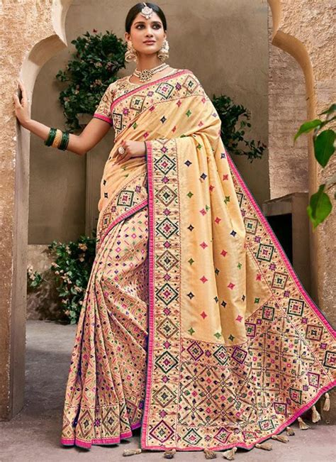 Buy Beige Wedding Banarasi Silk Trendy Saree Online