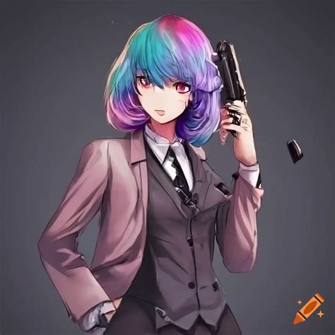 Anime Girl With Galaxy Hair And Mafia Suit Holding A Gun On Craiyon