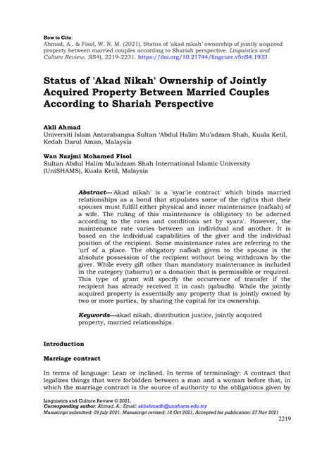 Pdf Status Of Akad Nikah Ownership Of Jointly Acquired Property