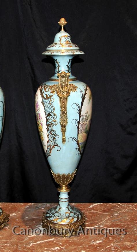 Pair Sevres Porcelain Vases French Cyan Amphora Urns