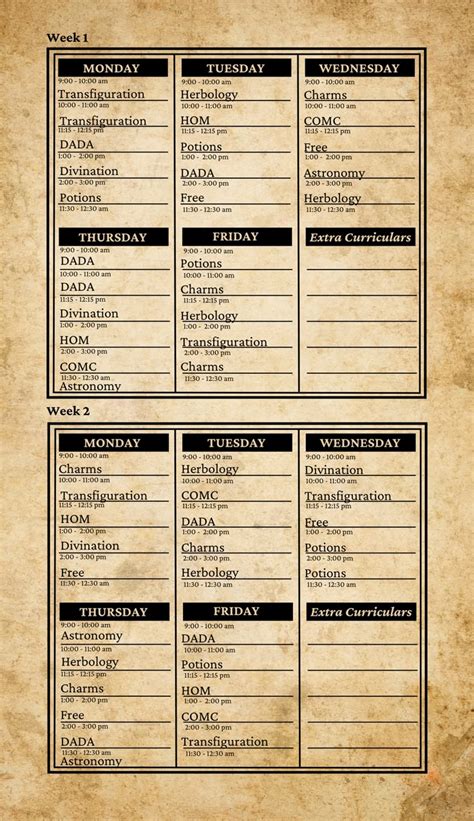 Hogwarts Timetable Back Hogwarts Classes Hogwarts Schedule Template