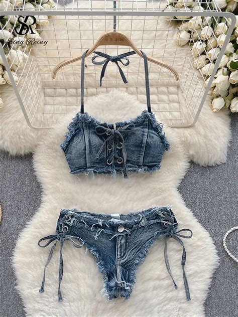 SINGREINY Retro Women Bikini Denim Suits Summer Halter Camis Mini Pant Lingerie Fashion Vacation