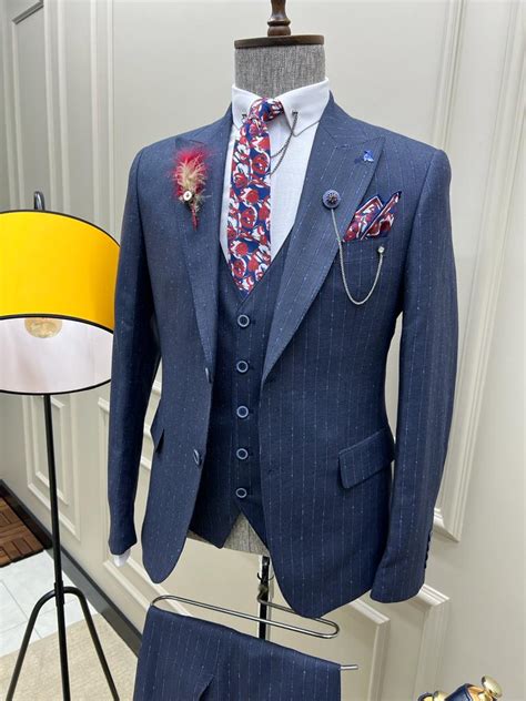 Aysoti Fernyard Navy Blue Slim Fit Peak Lapel Pinstripe Suit Aysotiman