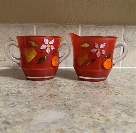 Bartlett Collins Red Gay Fads Fruit Creamer Sugar Vintage Painted Glass Etsy