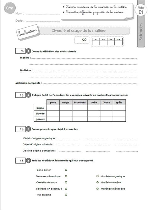 CM1 SCIENCES et TECHNOLOGIE Evaluation Diversité et usage de la