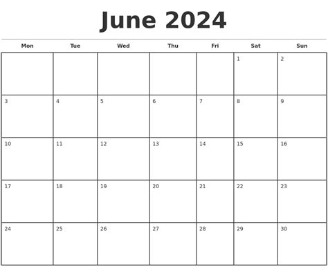 June 2024 Monthly Calendar Template