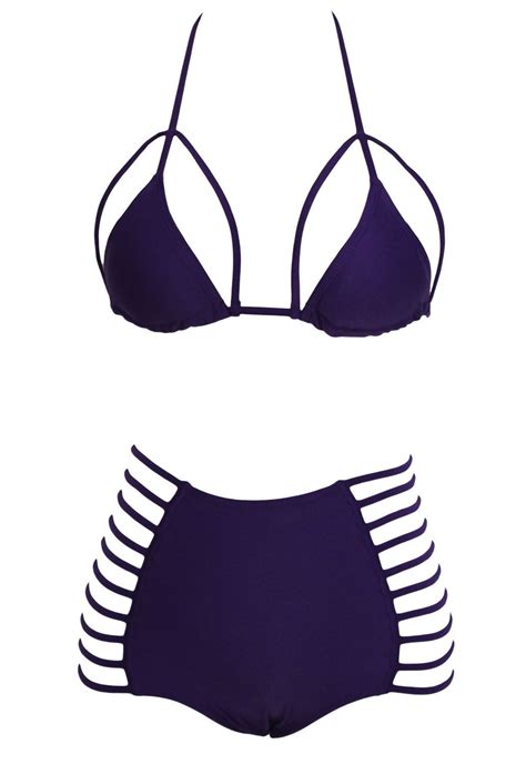 2021 Purple Black Sexy Halter Triangle String Strappy Bikini High Waist