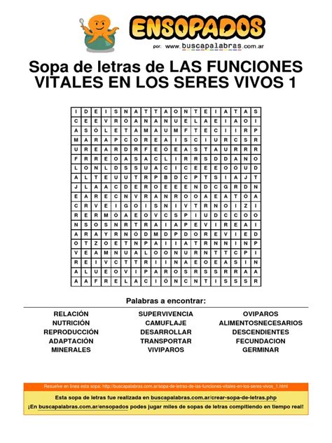 Sopa De Letras De Las Funciones Vitales En Los Seres Vivos 1 Pdf