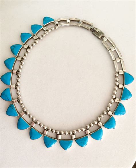 Vintage Mexican Sterling Silver Turquoise Necklace Fine Artist Tc