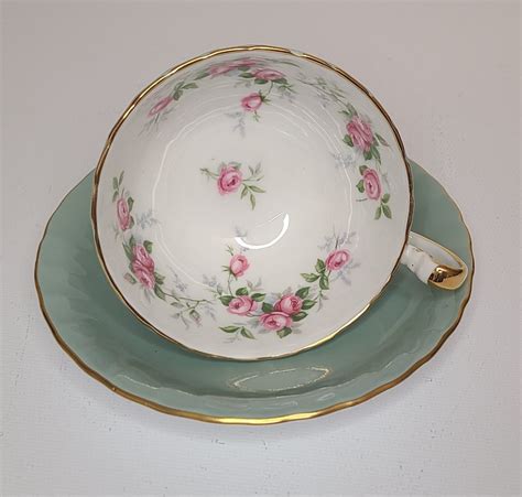 Rare Vintage Aynsley Sage Green And Red Cabbage Roses Teacup Etsy