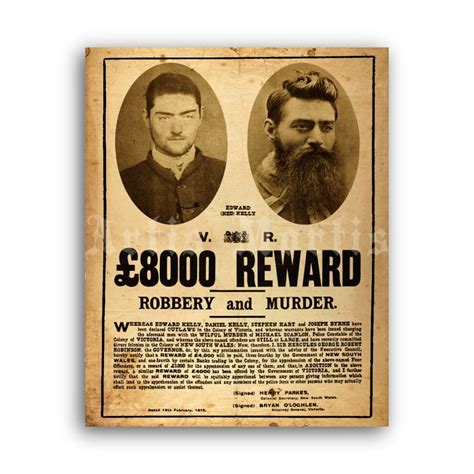 Printable Kelly Gang wanted poster, Edward Ned Kelly Reward print