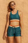 Teal Colorblock Square Neck Wide Straps Sporty Bikini Top And High Waist Boy Shorts