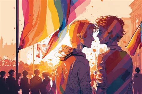 Deux Jeunes Hommes Amoureux Marchent Dans Gay Pride Génération Ai Illustration Stock