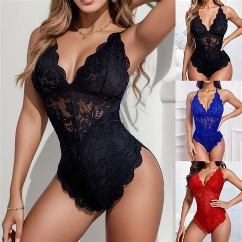 COORDONNES ENSEMBLE Lingerie Sexy Femme Body et Combinaison en Dentelle Décolleté en V Sexy