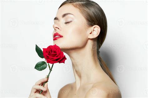 Brunette With A Rose Eyes Closed Naked Shoulders Model Red Lips 22519988 Stock Photo At Vecteezy