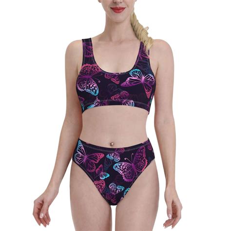 Bingfone Women S Bikini Sets Purple Butterfly Print High Waisted Two Pieces Swimsuits Large