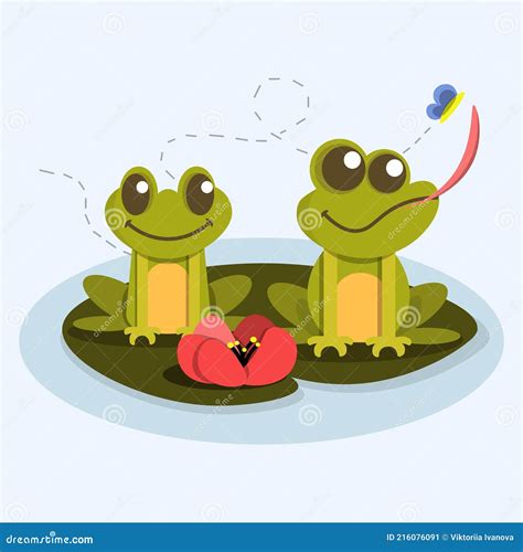 Frogs On Lily Pads Two Frogs Are Sitting On Water Lily Flat Vector