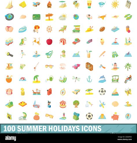 100 Summer Holidays Icons Set Cartoon Style Stock Vector Image Art