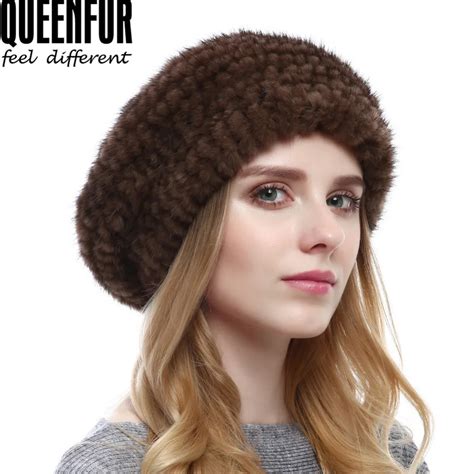 Queenfur Women S Mink Fur Beret Hat Winter Knitted Mink Fur Beanies