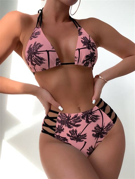Tropical Print Criss Cross Halter Triangle Bikini Swimsuit