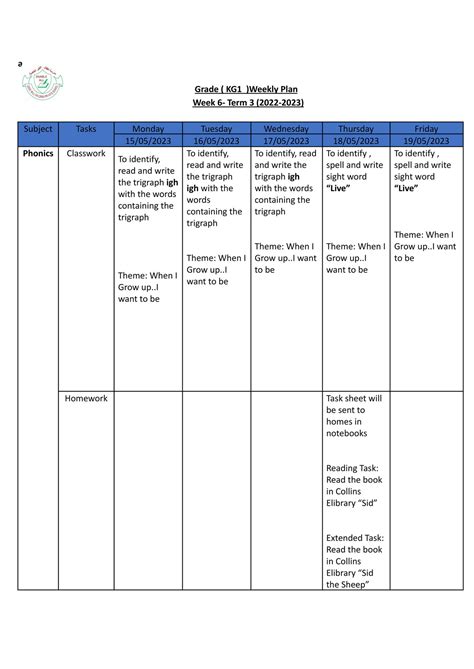 Good Will Children School - KG-1 -Weekly Plan-Term-3-Week-6 - Page 1