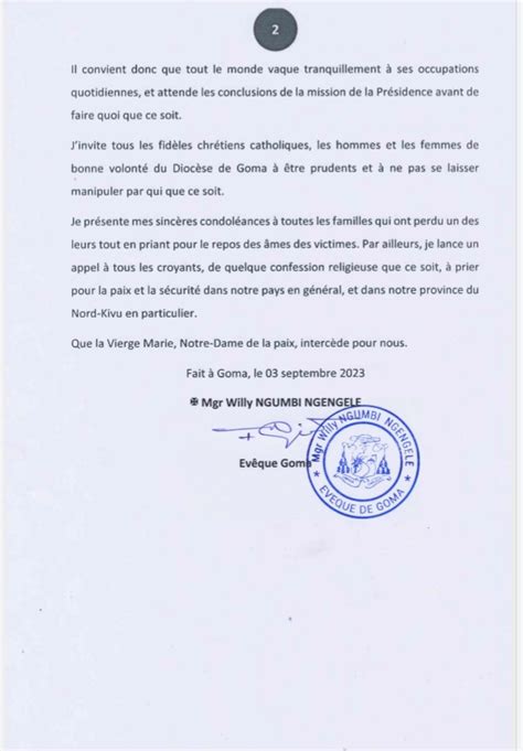 Drame à Goma ce message de l église catholique à la population