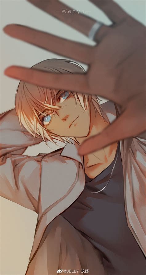 Safebooru Boy Amuro Tooru Arm Behind Head Arm Up Artist Name Black Shirt Blonde Hair Blue