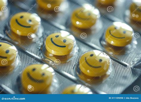 Packaging Of Tablets Yellow Tablets With A Smiley Face Stock