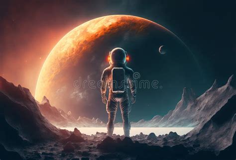 An Astronaut Standing On The Moon Looking At A Large Earth Like Planet