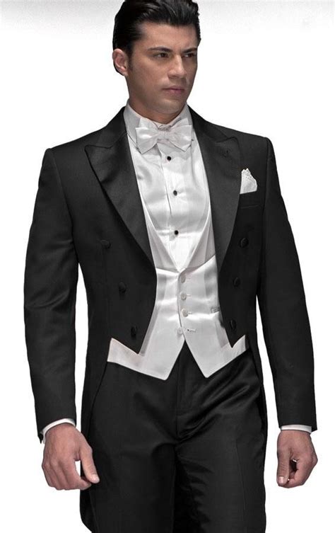 Tailcoat Groom Tuxedo Black Groomsmen Peak Satin Lapel Wedding/Dinner ...