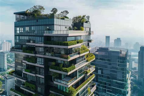 A Very Tall Modern Skyscraper Covered With Numerous Plants On Top A