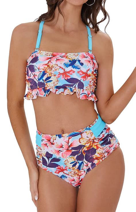 LIORA Women S High Waisted Bikini Sets Ruffle Flounce Bandeau With Back Criss Cross Leaf Print