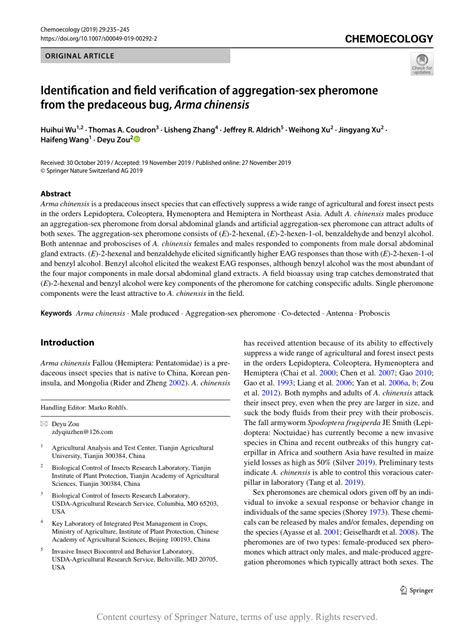 Identification And Field Verification Of Aggregation Sex Pheromone From The Predaceous Bug Arma