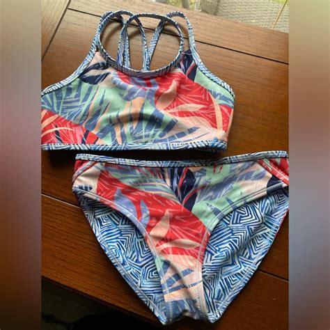 Athleta Swim Athleta Girls Reversible Palm Oasis Blue White Swimsuit Bikini Poshmark