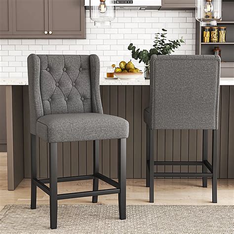Livingandhome Bar Stools Set Of 2 Grey Linen Upholstered Bar Stools