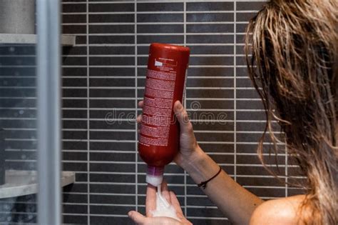Blonde Woman Throwing Soap On Her Hand In The Shower In The Bathroom Stock Photo Image Of Back