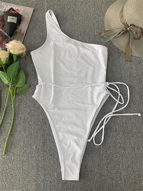 One Shoulder Sexy Bodysuit High Cut One Piece Bikini Drawstring Swimwear And Swimwear Price