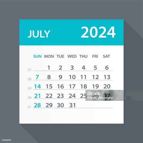Vetores de Julho 2024 Calendário Folha Verde Ilustração Vetorial e mais ...