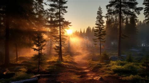 Misty Pine Forest At Sunrise A Serene Hiking Trail In Nature S Embrace