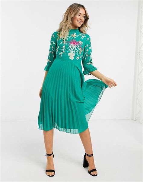 Asos Design Embroidered Pleated Midi Dress With Fluted Sleeve In