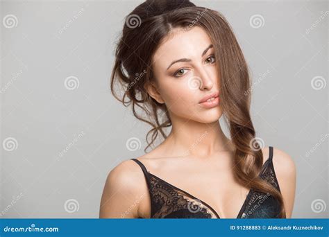 Portrait Of A Beautiful Brunette In Black Lingerie Stock Image Image Of Attractive Makeup