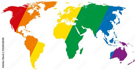 Gay Pride World Map With Diagonal Stripes LGBT Movement Flag Consisting Of Six Rainbow Colored