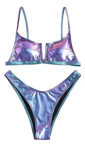Traje De Baño Bikini Bandeau Brillante Con Cuello En V Mujer Meses sin interés